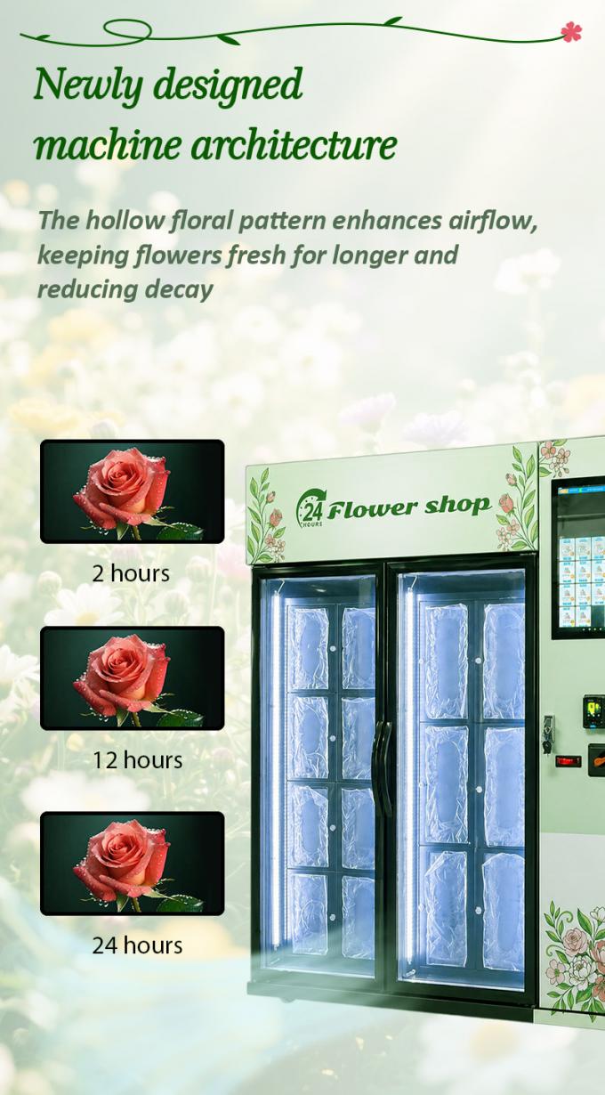 Flower vending machine cooling system maintaining 3-20°C temperature